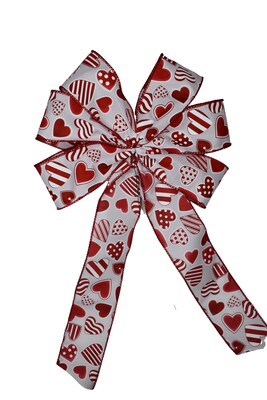 Valentine's Day Wired Wreath Bow - Red and White Hearts Delight - image2